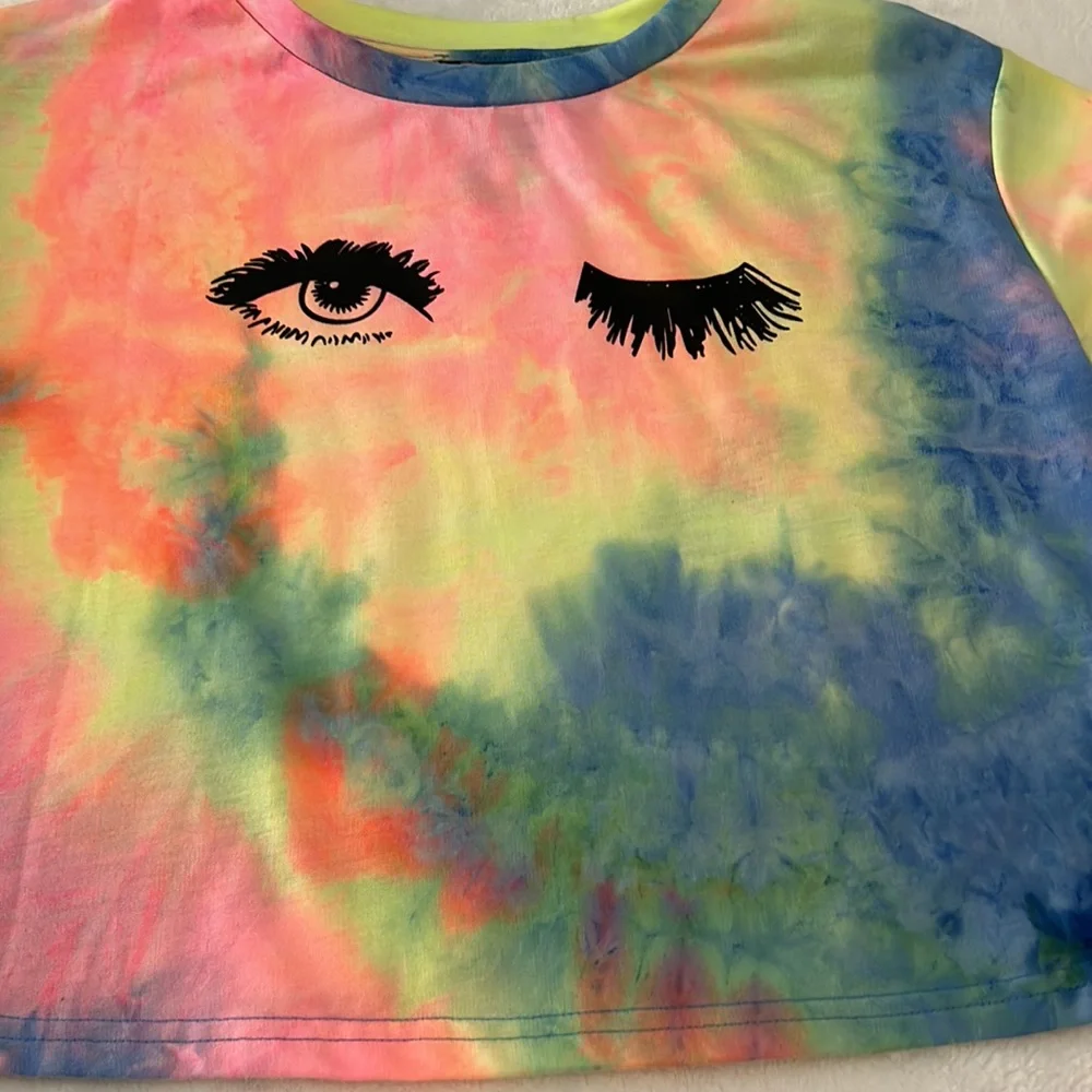 Shein Tie Dye Eye Wink Eyelash Crop Long Sleeve Top Size Medium - Picture 2 of 7